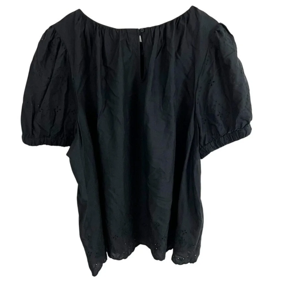 Old Navy Eyelet‎ Blouse Womens XXL Black Puff Sleeve Scallop Hem 656431-03-1